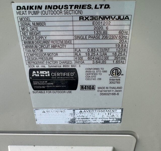 3 ton Daikin hvac mini-split heat pump and air conditioner